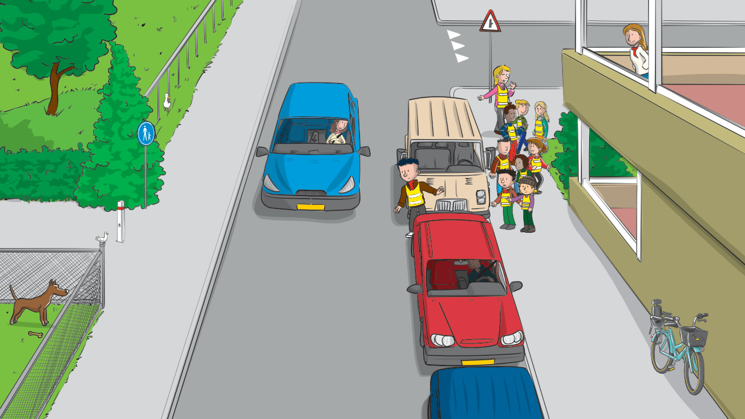Kinderen worden bij een schoolomgeving tussen auto's door geleid door een verkeersregelaar