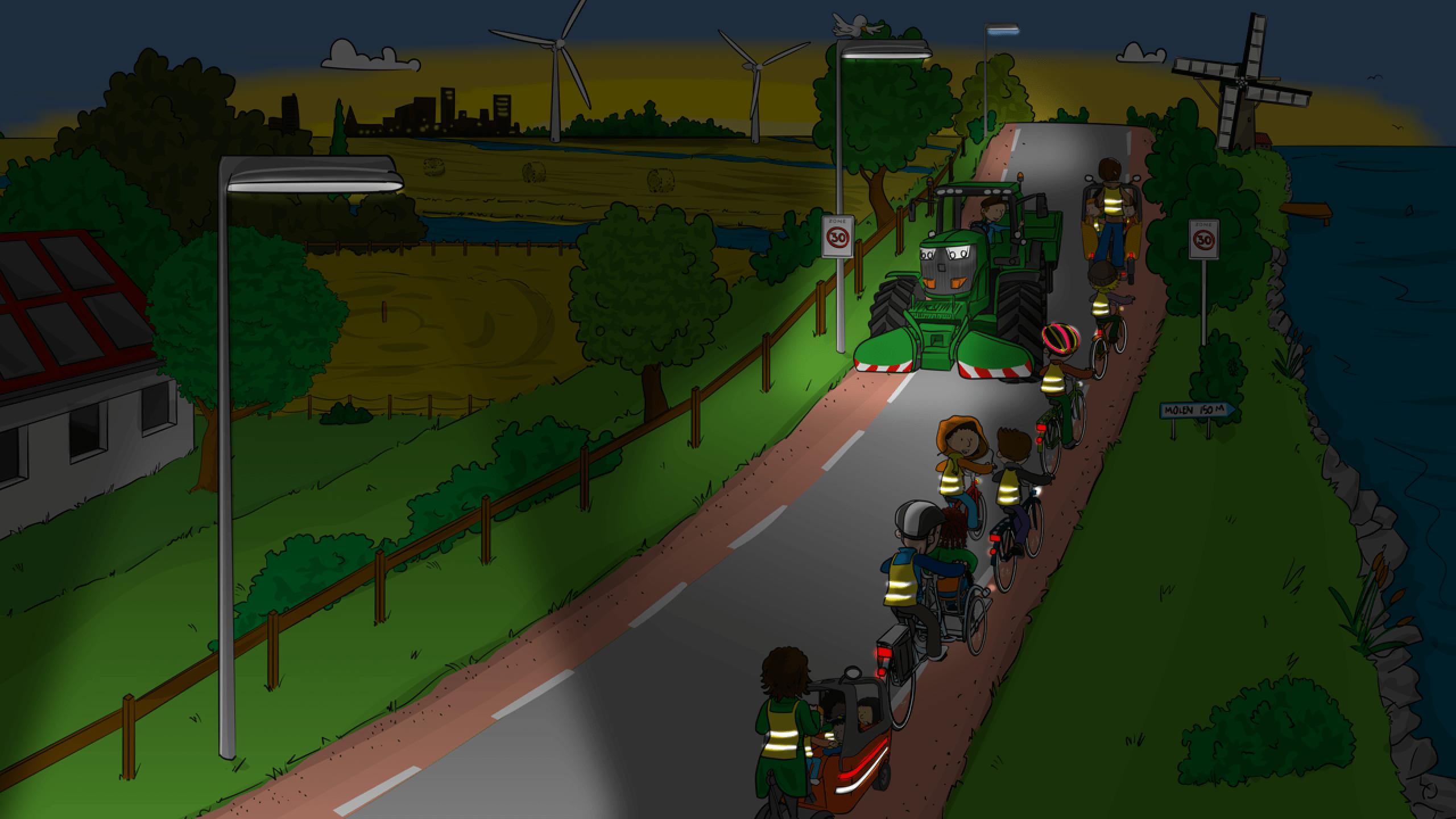 Illustratie landbouwvoertuig met licht aan op een donkere weg komt naar school gaande kinderen op de fiets tegen met veiligheidshesjes 