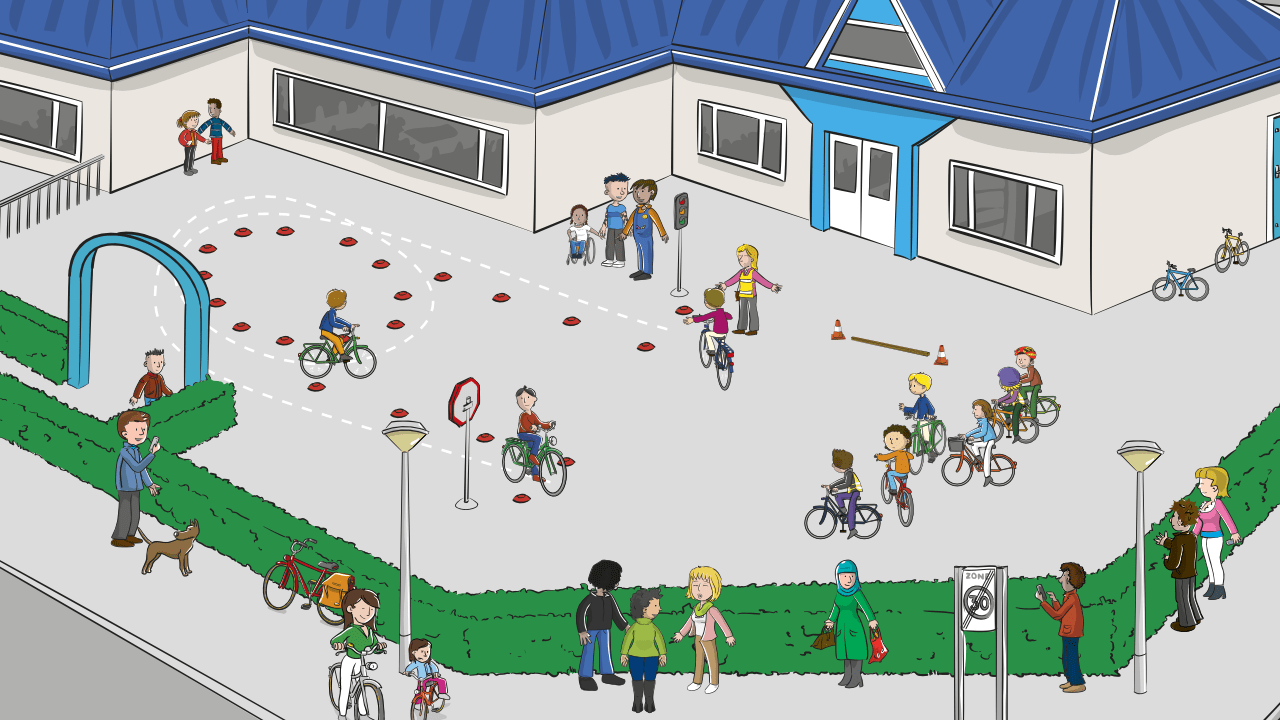 Een tekening van een schoolplein waarop leerlingen een fietsparcours oefenen